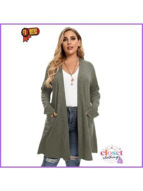 LARACE Open Front Knit Plus Size Cardigan Sweater with Pockets